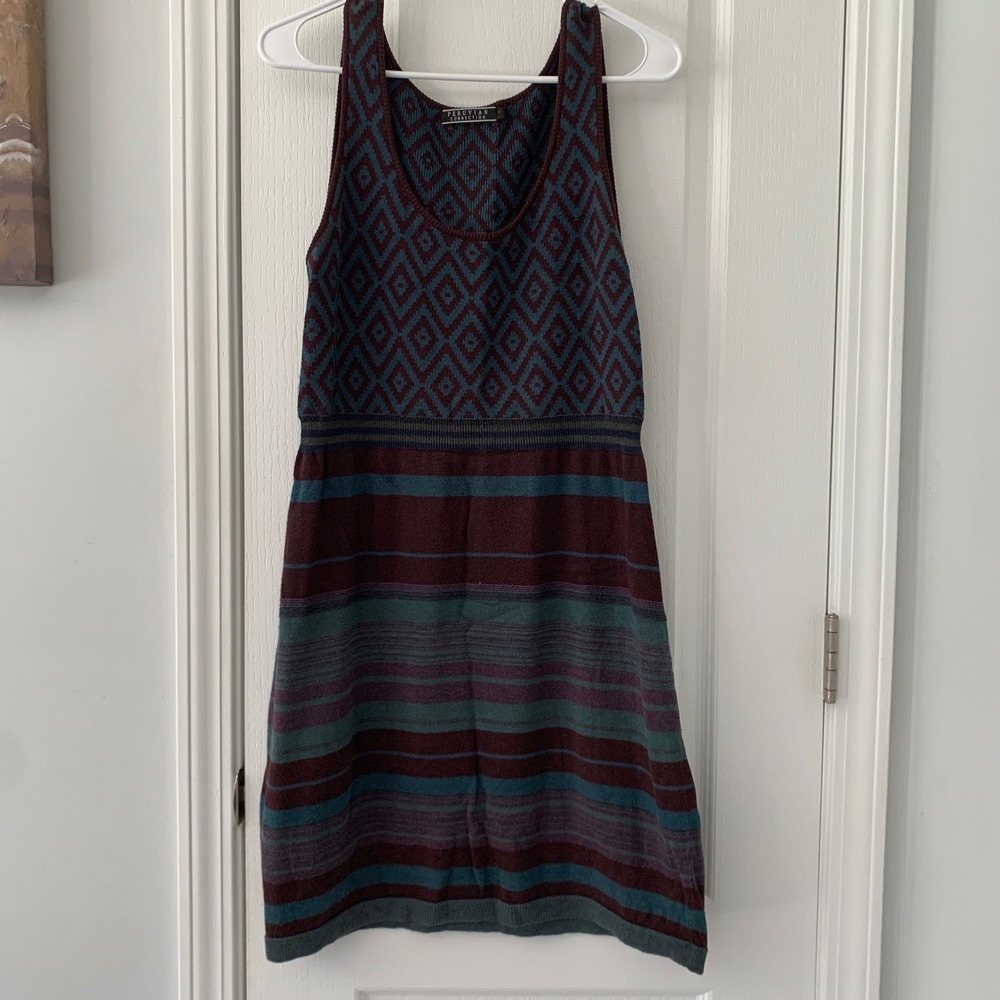Peruvian Connection Pima Cotton Knit Dress Geometric Stripe Boho Burgundy Teal M